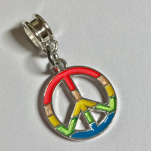 Peace Sign European Bead Charm Pendant for Bracelet Rainbow Hippie LGBT Retro - Picture 2 of 6